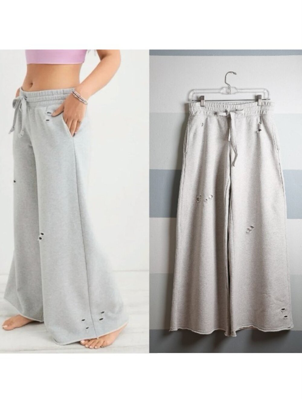 AERIE Grey Skater Wide Leg Distressed Sweatpants | Size Small